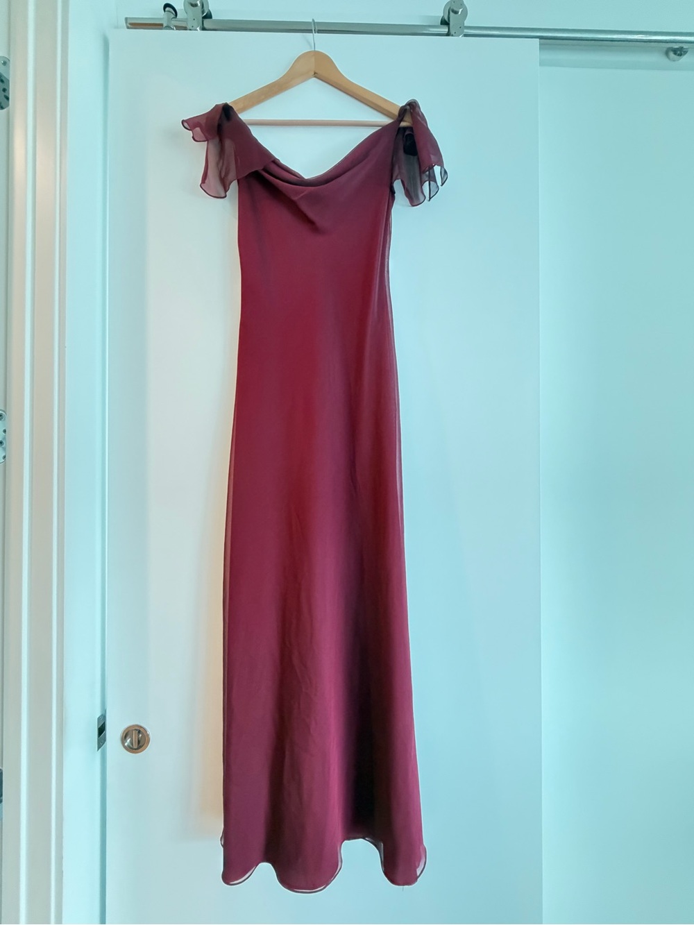 One-Shoulder Burgundy Evening Gown with Sheer Flutter Sleeve - Picture 2 of 2